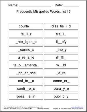 Frequently Misspelled Words (list 16) Missing Letters