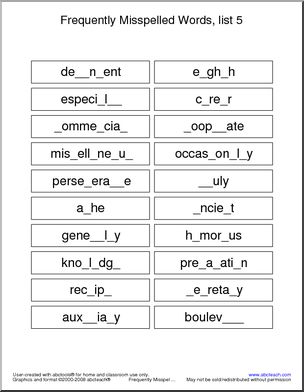 Frequently Misspelled Words (list 5) Missing Letters