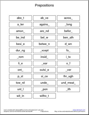 Prepositions Missing Letters