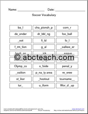 Soccer Vocabulary Missing Letters
