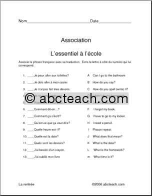 French: Match essential classroom expressions