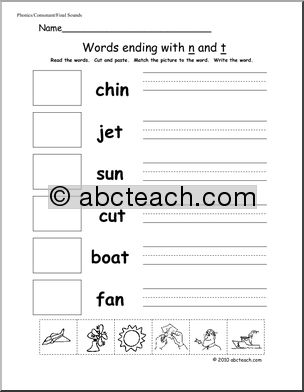 Phonics: Final Consonant Sounds “n” and “t” Cut & Paste (primary)