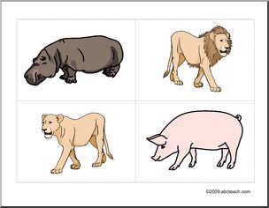 Flashcards: Animals–hippo, lion, lioness, pig (ESL)