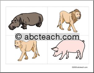 Flashcards: Animals–hippo, lion, lioness, pig (ESL)