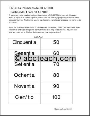 Spanish:   Tarjetas: NË™meros de 50 a 1000 (elementaria/secundaria)