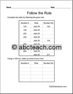 Follow the Rule (add 29) Worksheet