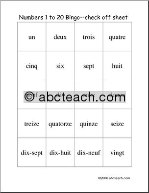 French: Bingo for numbers 1 to 20, calling card