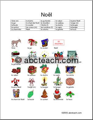 French: NoÃŽl; List and Picture Vocabulary, for NoÃŽl bingo and other NoÃŽl activities one page