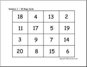 French: Bingo for numbers 1 to 20, card set