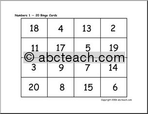 French: Bingo for numbers 1 to 20, card set