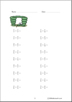 Fraction Addition- Fractions with common denominators. (set 1) Worksheet