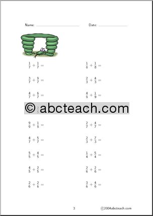 Fraction Addition- Fractions with common denominators. (set 1) Worksheet