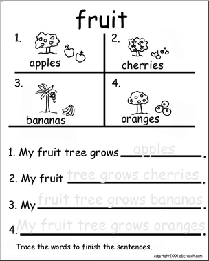 Beginning Writing Practice, Set 17a – trace (fruit)