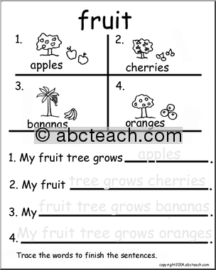 Beginning Writing Practice, Set 17a – trace (fruit)