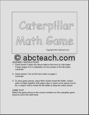 Board Game: Caterpillar Math Facts (primary) -b/w