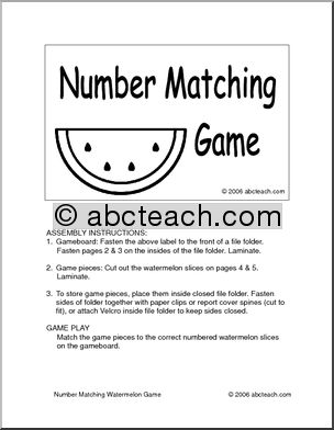Watermelon Number Matching Board Game (b/w)