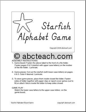 Board Game: Alphabet Starfish  (DN-Style Font) (preschool) b/w