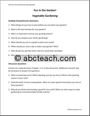 Comprehension: Fun in the Garden! Growing Vegetables  (elem)