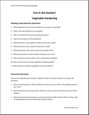 Comprehension: Fun in the Garden! Growing Vegetables (upper elem/middle)