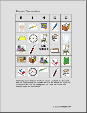 German: Bingo – Classroom Items