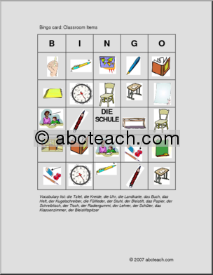 German: Bingo – Classroom Items