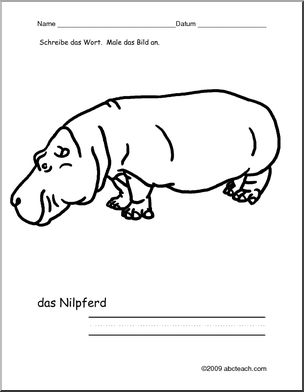 German: Color and Write – Hippopotamus