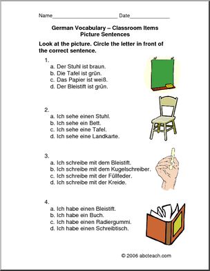 German: Picture Sentences – Classroom Items