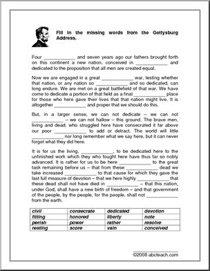 Worksheets: Gettysburg Address (upper/middle/high) | Abcteach