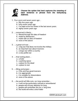 Worksheets: Gettysburg Address (upper/middle/high) | Abcteach