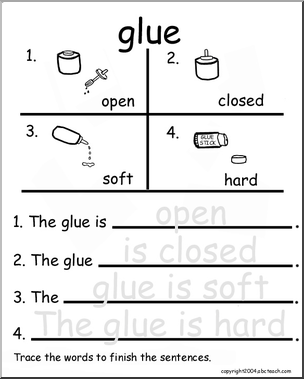Beginning Writing Practice, Set 18a – trace (glue)