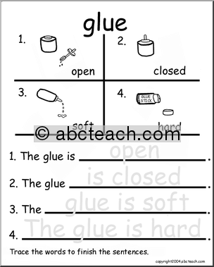 Beginning Writing Practice, Set 18a – trace (glue)