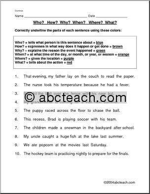 Who What When, etc. Worksheet