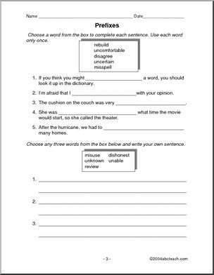 Rules and Practice: Prefixes - RE, DIS, UN, MIS | Abcteach