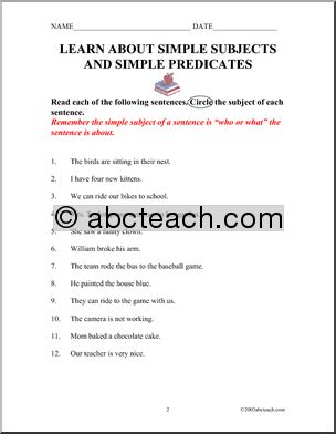 Grammar: Simple Subjects and Simple Predicates