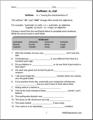 Rules and Practice: Suffixes - IC, ICAL | Abcteach