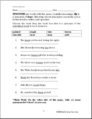 Synonym Worksheet - error, picked, grinned, tune, saved, late and adore