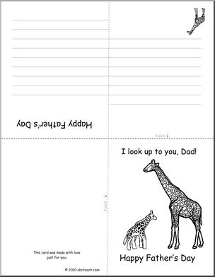 Father’­s Day Greeting Card (“I look up to you!”) Giraffe theme  (B&W Outline) with blank lines to write message (elem)