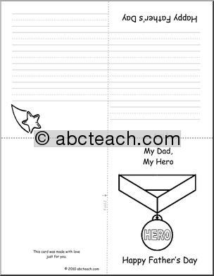 Greeting Card: Happy Father’­s Day  –  Hero Medal theme  (B&W Outline) K-1
