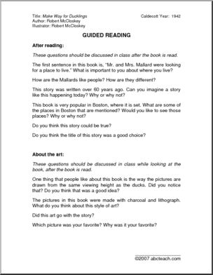 Make Way for Ducklings (primary/elem) Guided Reading