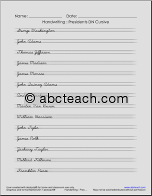 Handwriting: Cursive – List of U.S. Presidents (DN-Style Font)