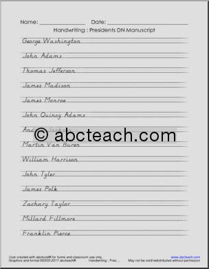 Handwriting: Manuscript –  List of U.S. Presidents (DN-Style Font)