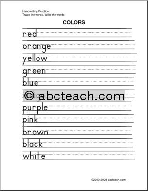 Handwriting Practice: Color Words – manuscript (ZB-style font)