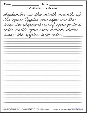 Handwriting Practice: September, cursive (ZB-Style Font)