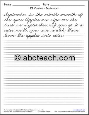 Handwriting Practice: September, cursive (ZB-Style Font)
