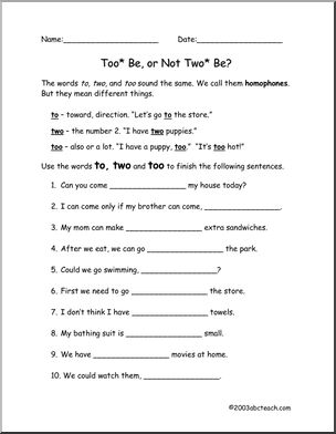 To, Too, Two (elem) Worksheet