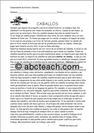 Spanish: ComprensiÃ›n de lectura – Caballos (elementaria/secundaria)