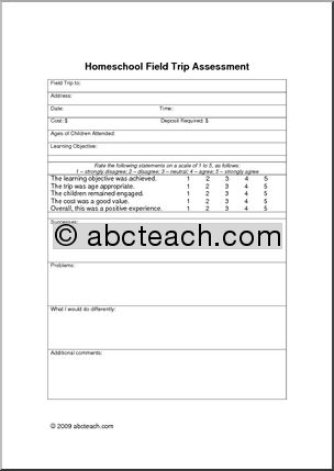 Planner: Homeschool Field Trip – Assessment form