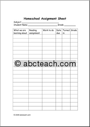 Assignment Sheet: Homeschool – by subject