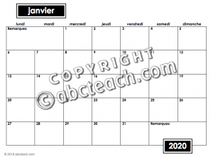 Calendar 2020 No Illustrations Type-In (b/w) – French Version
