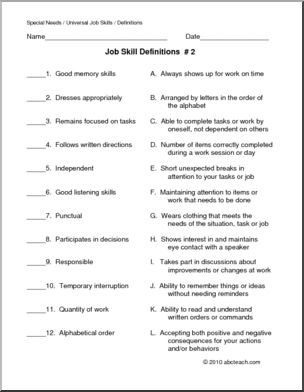 Special Needs: Job Skills Definitions 2 (secondary/adult)